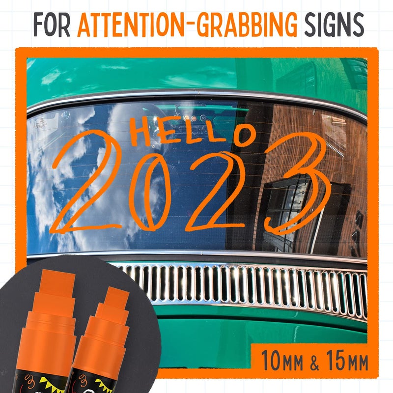 Chalkola 5 Orange Chalkboard Chalk Markers - Orange Dry Erase Markers for Blackboard, Chalkboard Signs, Windows, Glass | Variety Pack - Fine & Jumbo Size Ink Pen (1mm, 3mm, 6mm, 10mm, 15mm) - Image 5